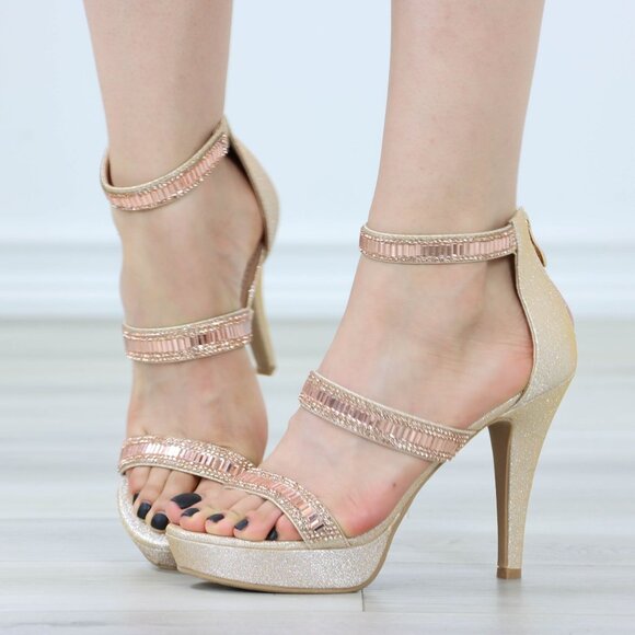 Sparkly Rhinestone Glitter Champagne Platform High Heels Ankle Bracelet Open Toe - Picture 12 of 13